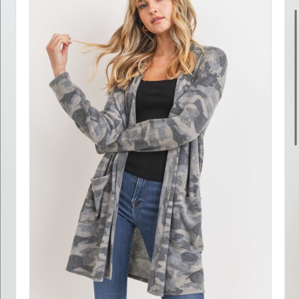 Grey Brushed Camo Print Pocket Cardigan